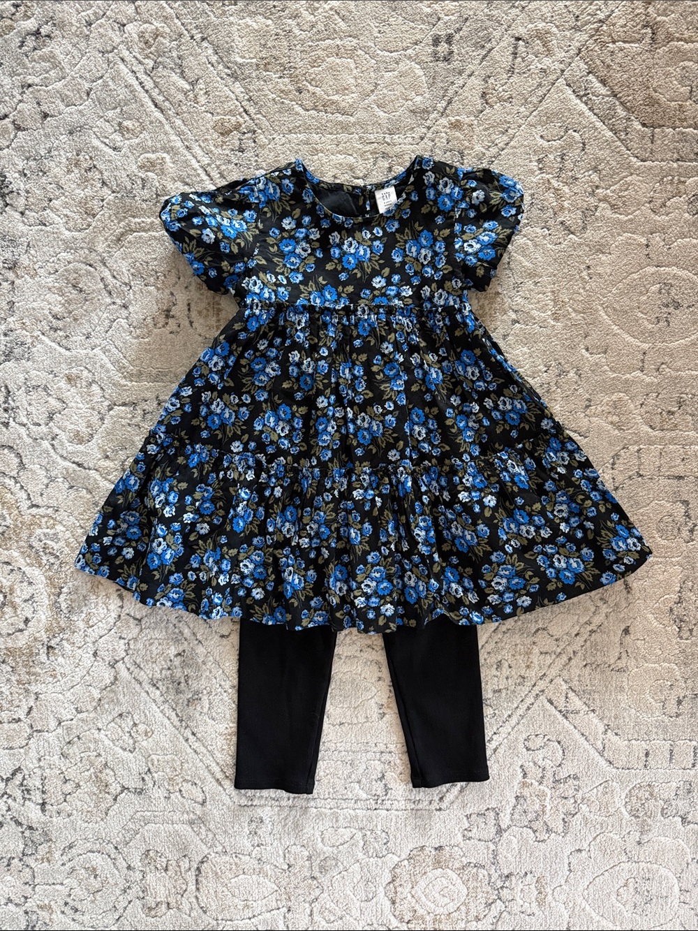 Baby Gap 3T Black Floral Tiered Dress with Blue Roses & Black Ribbed Leggings